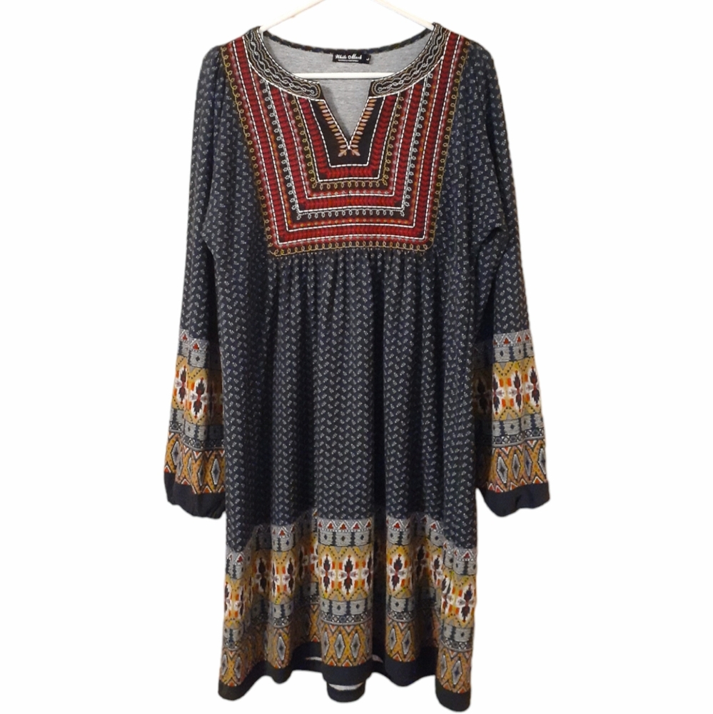 Boho Patterned White Mark Long Sleeve Navy Lightweight Sweaterdress Size Large